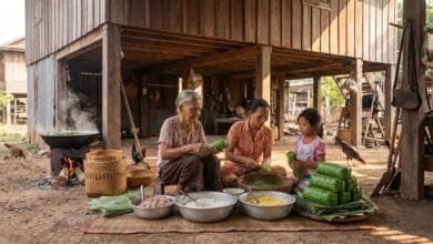Elderly Cambodian grandmother wrapping banana leaves around Num Ansom sticky rice cake as her daughter and granddaughter watch in a traditional village kitchen