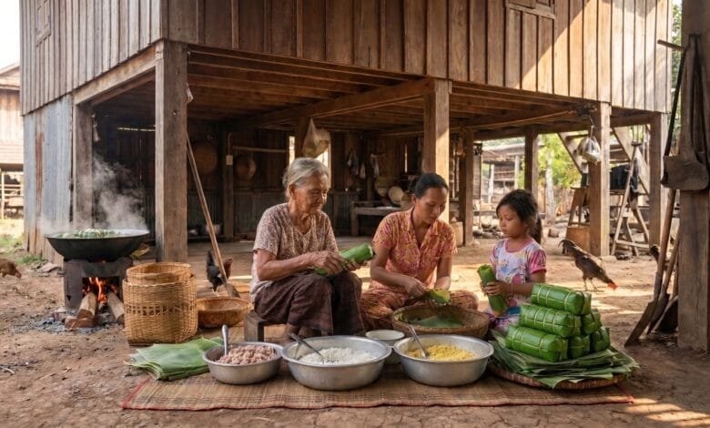 Elderly Cambodian grandmother wrapping banana leaves around Num Ansom sticky rice cake as her daughter and granddaughter watch in a traditional village kitchen