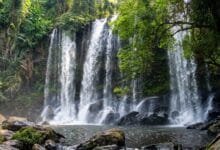 Jungle waterfall at Phnom Kulen National Park in Siem Reap Province, Cambodia