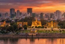 Riverside promenade and buildings along the Tonle Sap River in Phnom Penh, Cambodia