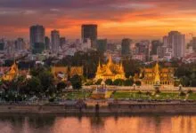 Riverside promenade and buildings along the Tonle Sap River in Phnom Penh, Cambodia