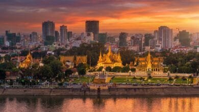 Riverside promenade and buildings along the Tonle Sap River in Phnom Penh, Cambodia