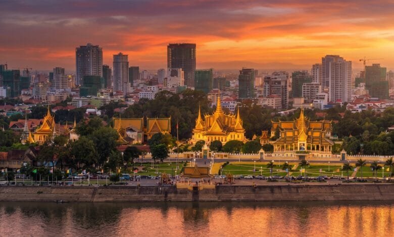 Riverside promenade and buildings along the Tonle Sap River in Phnom Penh, Cambodia
