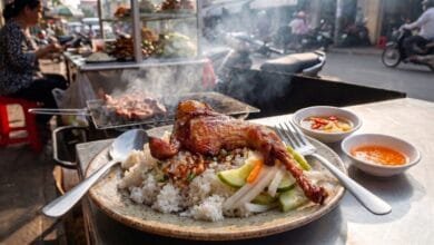 Cambodian grilled chicken and rice breakfast served at a Phnom Penh street food stall