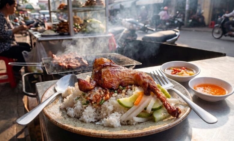 Cambodian grilled chicken and rice breakfast served at a Phnom Penh street food stall