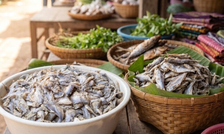 Cambodian prahok fermented fish paste in a bucket with fresh lemongrass and chilies