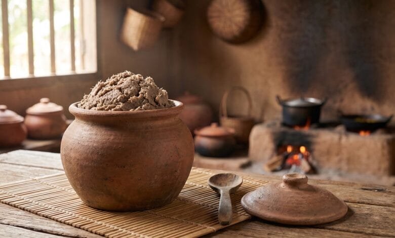 Prahok fermented fish paste in a traditional Cambodian clay jar on a woven bamboo mat