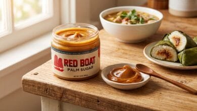 Jar of Red Boat Cambodian Palm Sugar on a kitchen counter with a bowl of Khmer soup and a small dish of palm sugar paste beside it.