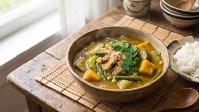 A bowl of Cambodian Samlor Korko soup with vegetables, served with jasmine rice on a wooden table.