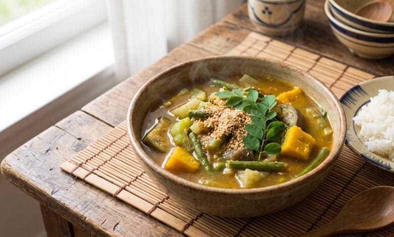 A bowl of Cambodian Samlor Korko soup with vegetables, served with jasmine rice on a wooden table.