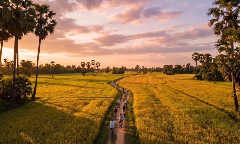 Cyclist riding through rice paddies at sunset on a Siem Reap countryside bike tour