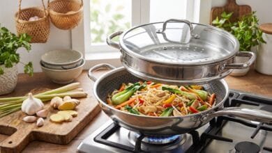 SLOTTET Hybrid 12-Inch Wok with Steamer insert on a stovetop with stir-fried vegetables and fresh ingredients.