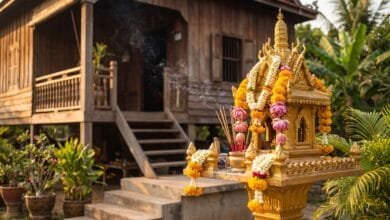 small, ornate spirit house mounted on a pedestal outside a Cambodian home, decorated with flowers and incense