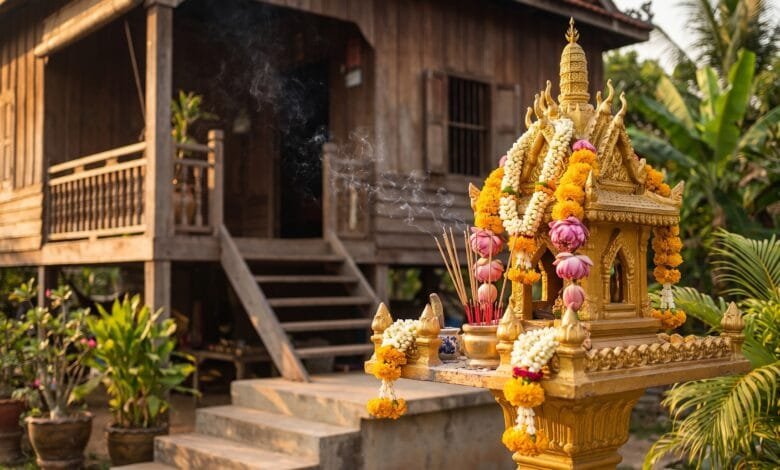 small, ornate spirit house mounted on a pedestal outside a Cambodian home, decorated with flowers and incense