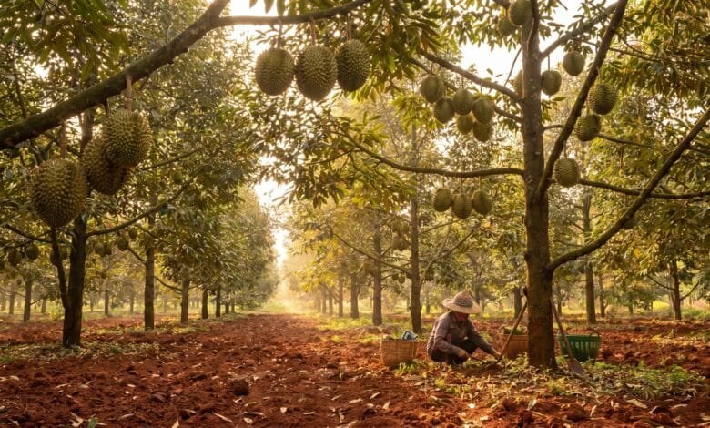 Steung Trang durian farms in Kampong Cham province, Cambodia, showing tall durian trees with ripe fruit in the canopy and red soil below