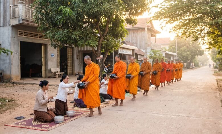 Buddhist monks in saffron robes walking in a line along a Cambodian street at dawn, carrying alms bowls