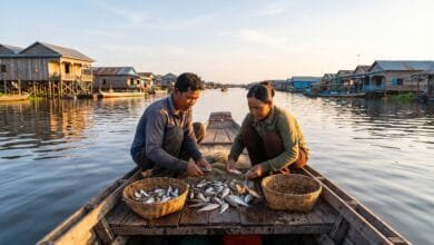 A Cambodian fishing family sorting their catch on a wooden boat on Tonlé Sap Lake in the early morning.