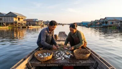 A Cambodian fishing family sorting their catch on a wooden boat on Tonlé Sap Lake in the early morning.