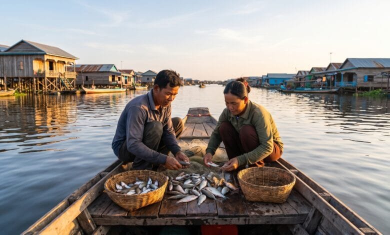 A Cambodian fishing family sorting their catch on a wooden boat on Tonlé Sap Lake in the early morning.