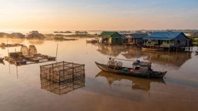 Tonlé Sap floating fish farms with bamboo cages and floating village at sunrise, Cambodia