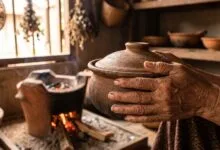 Cambodian grandmother's hands holding a traditional clay cooking pot in a rustic kitchen