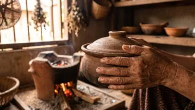 Cambodian grandmother's hands holding a traditional clay cooking pot in a rustic kitchen