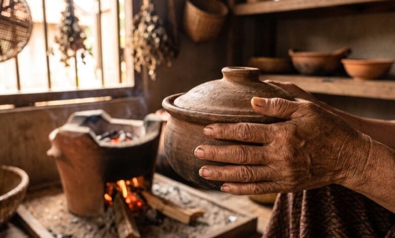 Cambodian grandmother's hands holding a traditional clay cooking pot in a rustic kitchen