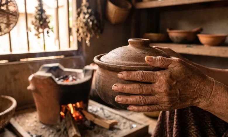 Cambodian grandmother's hands holding a traditional clay cooking pot in a rustic kitchen