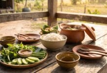 Traditional Cambodian cuisine meal with rice, fish amok in banana leaf, soup, and dipping sauces