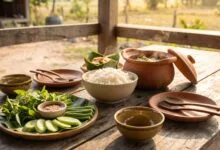 Traditional Cambodian cuisine meal with rice, fish amok in banana leaf, soup, and dipping sauces