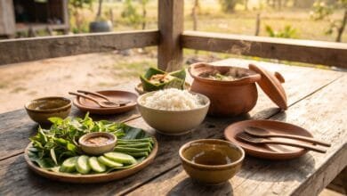 Traditional Cambodian cuisine meal with rice, fish amok in banana leaf, soup, and dipping sauces
