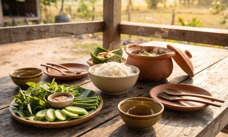 Traditional Cambodian cuisine meal with rice, fish amok in banana leaf, soup, and dipping sauces