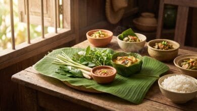 Traditional Cambodian cuisine spread with fish amok in banana leaf, jasmine rice, prahok dipping sauce, and fresh herbs on a wooden table