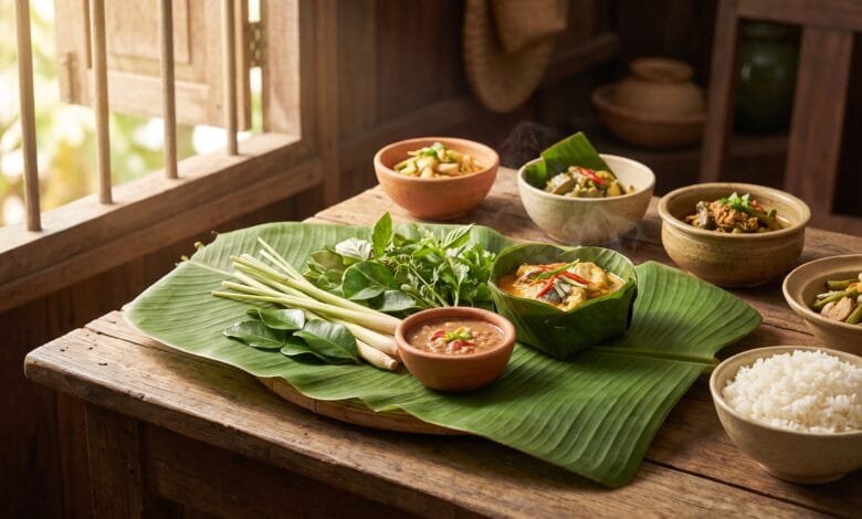 Traditional Cambodian cuisine spread with fish amok in banana leaf, jasmine rice, prahok dipping sauce, and fresh herbs on a wooden table