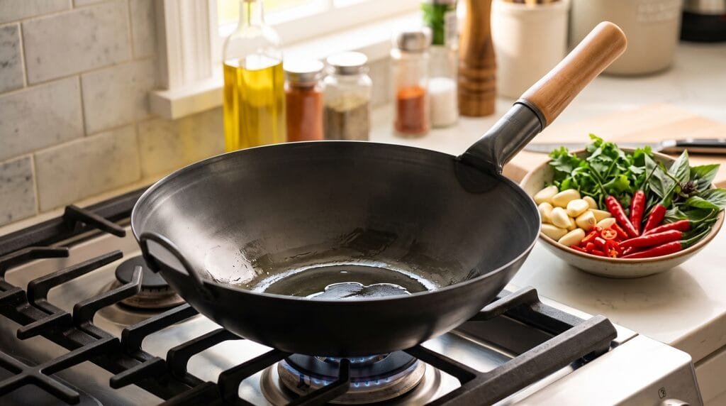 YOSUKATA 14-inch black carbon steel wok with round bottom on a gas stove.