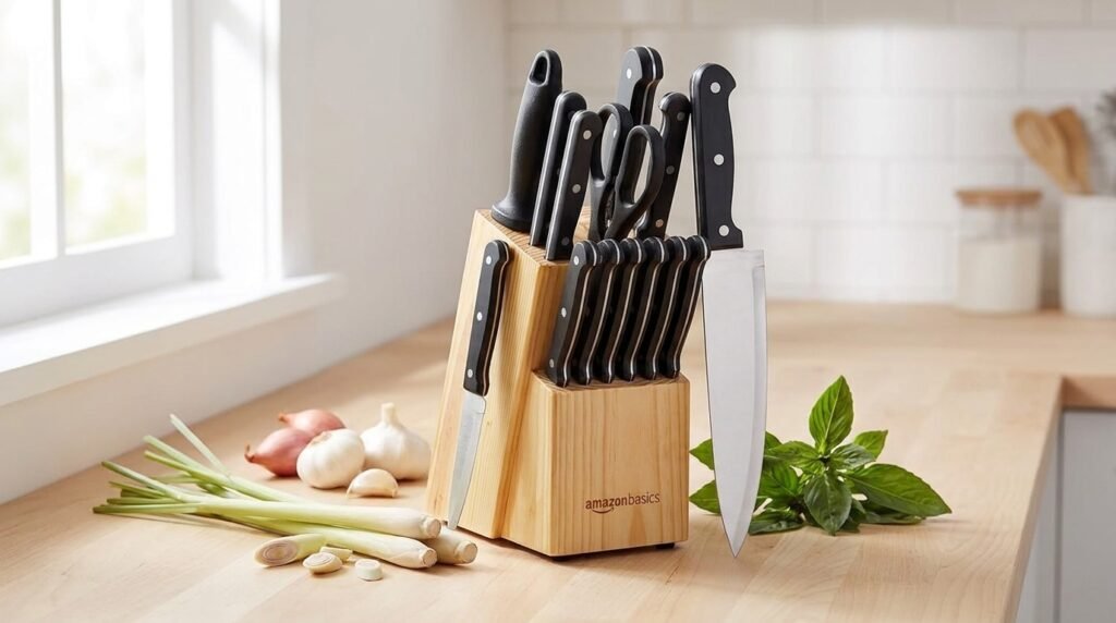 Amazon Basics 14-piece kitchen knife set with pinewood block, chef's knife, paring knife, and other knives on a kitchen counter with fresh herbs and aromatics.