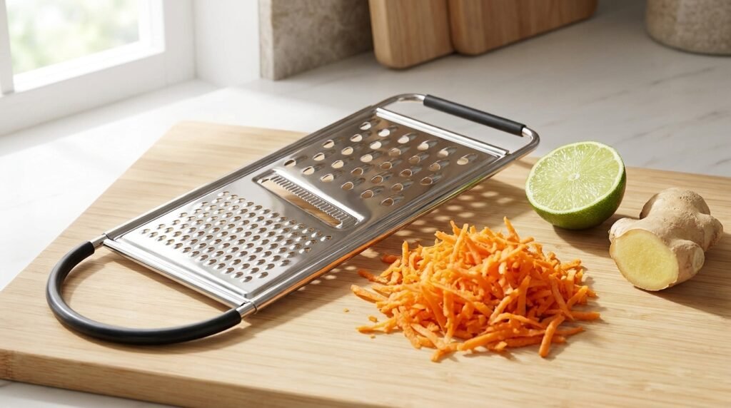 Amazon Basics flat cheese grater on a wooden board with grated carrot, lime, and ginger nearby