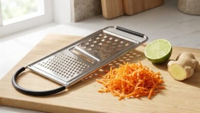 Amazon Basics flat cheese grater on a wooden board with grated carrot, lime, and ginger nearby