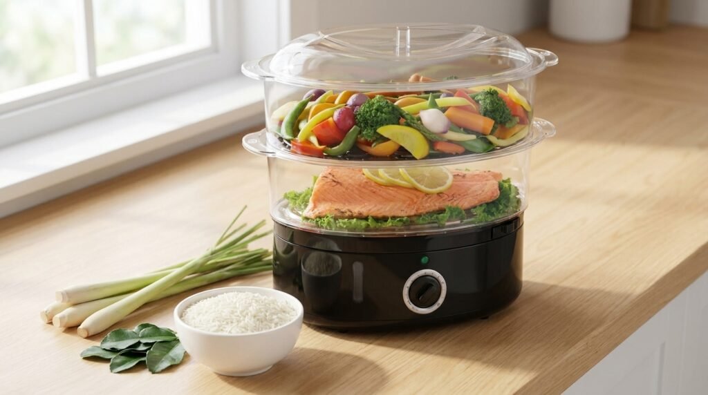 BELLA Two Tier Food Steamer with stackable baskets on a kitchen counter next to fresh lemongrass and rice.
