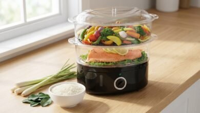BELLA Two Tier Food Steamer with stackable baskets on a kitchen counter next to fresh lemongrass and rice.