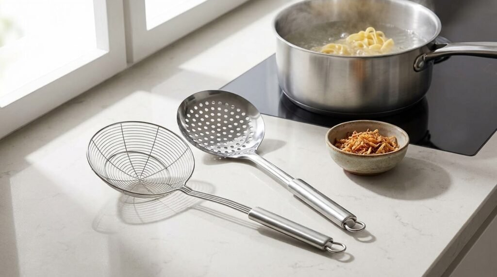 Berglander stainless steel spider strainer and skimmer set on a kitchen counter with a pot of noodles in the background.