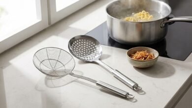 Berglander stainless steel spider strainer and skimmer set on a kitchen counter with a pot of noodles in the background.