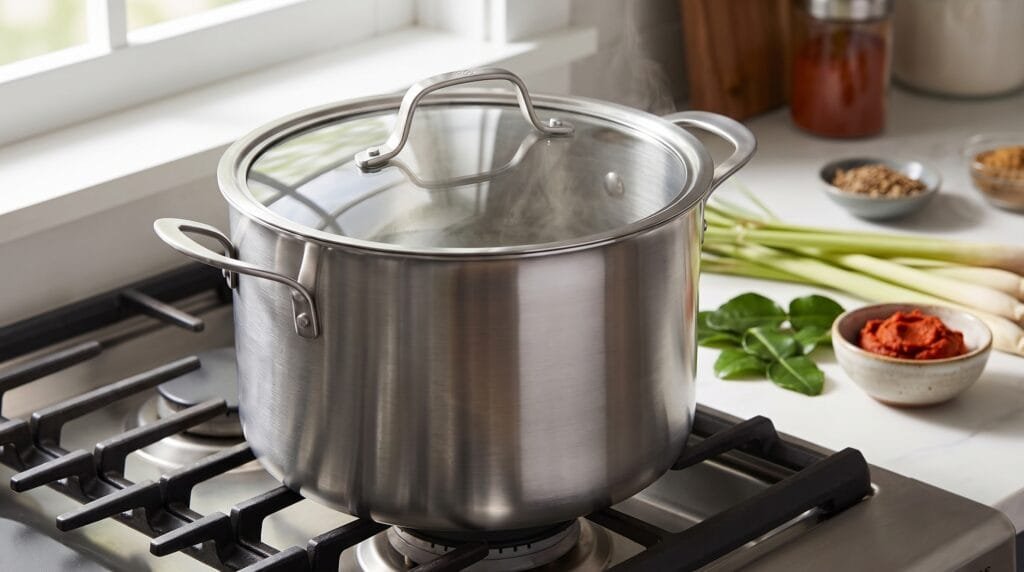 Calphalon 6-quart stainless steel stock pot with lid on a stovetop, with Cambodian cooking ingredients in the background