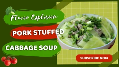 Cambodian pork stuffed cabbage soup with tender cabbage rolls in a light broth, served with steamed rice