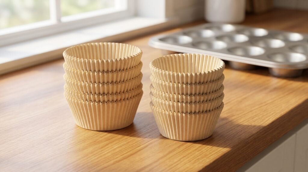 Stack of natural paper cupcake liners next to a muffin pan