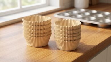 Stack of natural paper cupcake liners next to a muffin pan