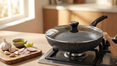 CAROTE 12-inch granite nonstick frying pan with glass lid on a home kitchen stovetop.