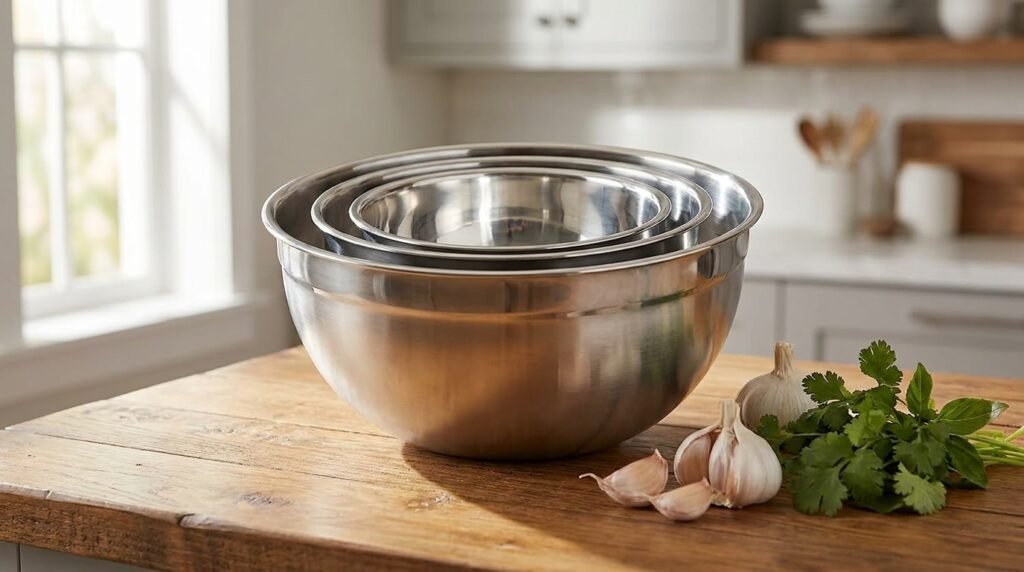 Three Cuisinart stainless steel mixing bowls nested together on a kitchen counter with fresh ingredients nearby.