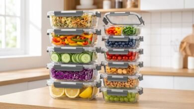Dealusy glass food storage containers stacked on a kitchen counter with lids.