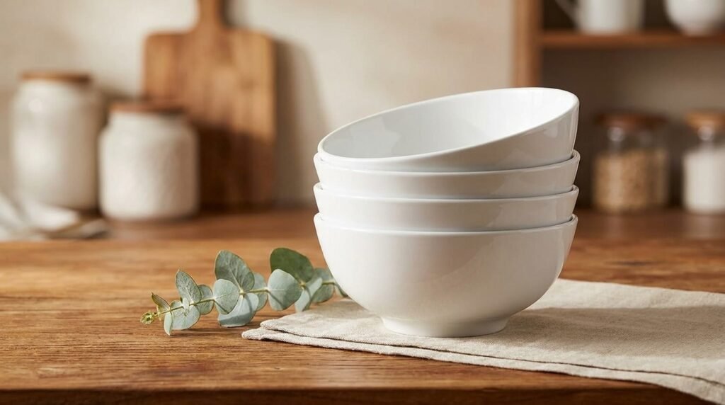 Stack of four white DOWAN ceramic bowls on a kitchen counter.